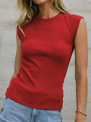 Red ribbed shoulder tank top with crew neck and cap sleeves.