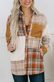 Patchwork plaid knit shacket in sherbet with button front and chest pocket detail.