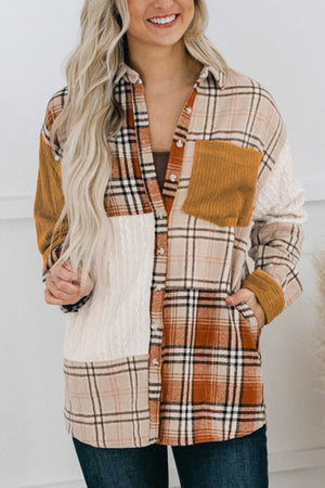Patchwork plaid knit shacket in sherbet with button front and chest pocket detail.