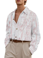 Textured stripe relaxed fit shirt in white with red stripes, button-down, and chest pocket.