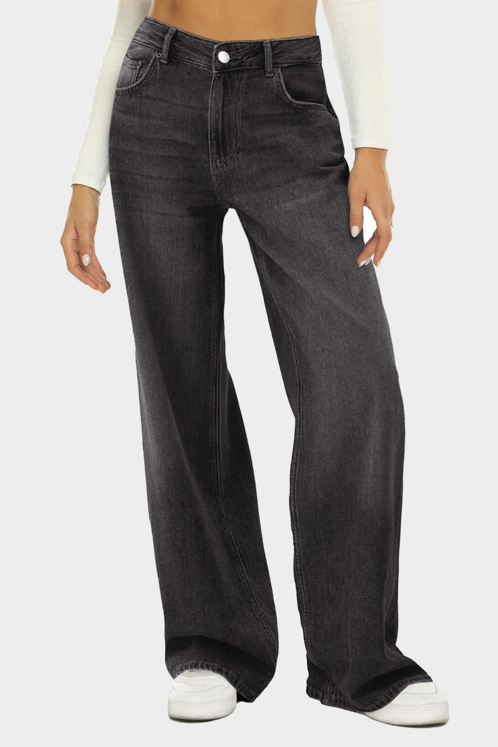 Black wide-leg denim jeans with subtle fade and button closure, styled casually.