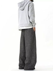 Men's charcoal wide leg sweatpants with textured fabric and ankle pooling detail.
