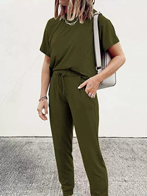 Army green casual round neck top and jogger pants set with drawstring waist.