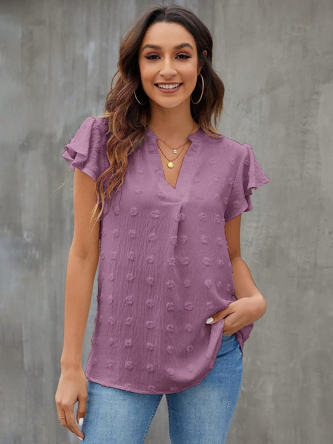 Lavender flutter sleeve Swiss dot blouse with V-neck