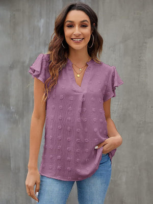 Lavender flutter sleeve Swiss dot blouse with V-neck