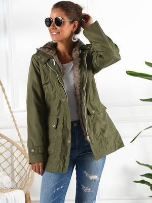 Belted utility parka in army green with faux fur trim and hood, featuring multiple pockets.