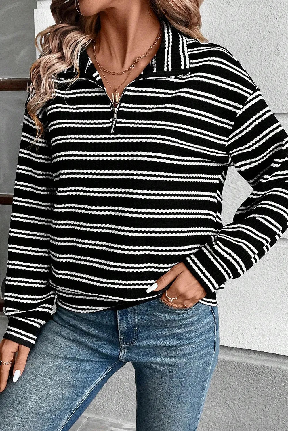 Black ribbed stripe half-zip pullover sweater with a collared neckline.