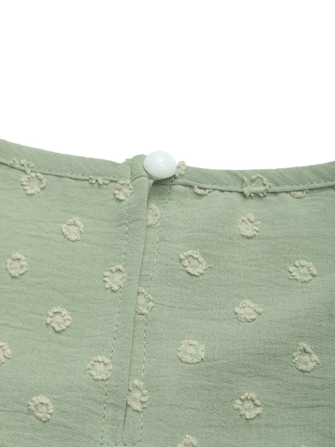 Sage textured dot puff sleeve blouse with button closure at neckline