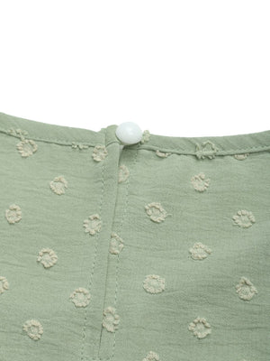 Sage textured dot puff sleeve blouse with button closure at neckline