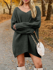 Oversized ribbed knit mini dress in dark gray with a V-neck and long sleeves.
