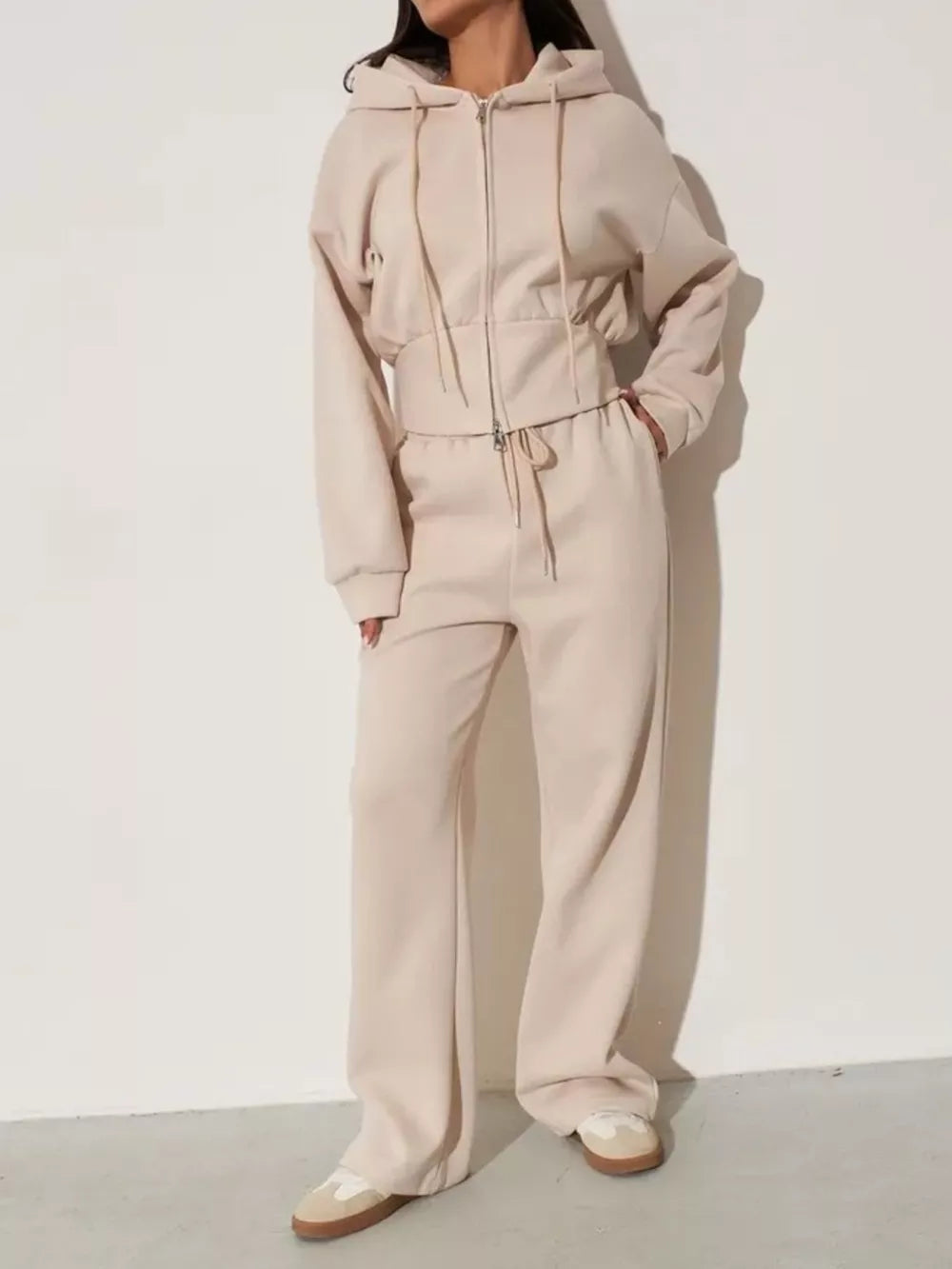 Zip-up Hoodie And Wide-leg Pants Set in Pink, fabric detail