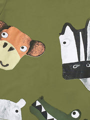 Green crew neck t-shirt with playful cartoon animal print including monkey, zebra, polar bear, and alligator.