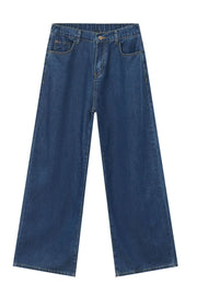 Light blue denim jeans with a wide leg and elastic waistband.