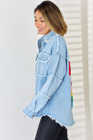 Light wash denim overshirt with rainbow patch detail and frayed edges.
