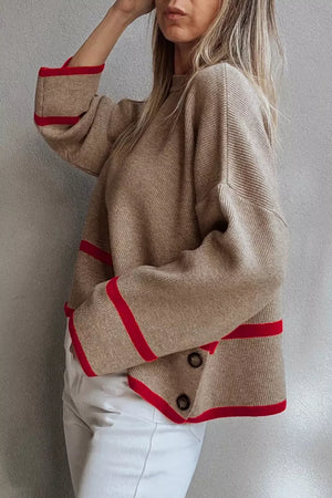 Mocha ribbed knit pullover sweater with trim, comfortable fit