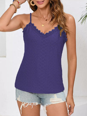 Purple lace-trimmed V-neck camisole with eyelet detail.