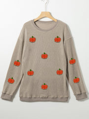 Embroidered corduroy sweatshirt in Dust Storm with allover pumpkin pattern.