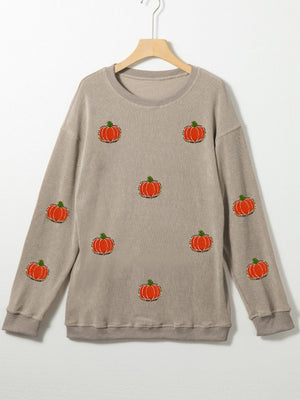 Embroidered corduroy sweatshirt in Dust Storm with allover pumpkin pattern.