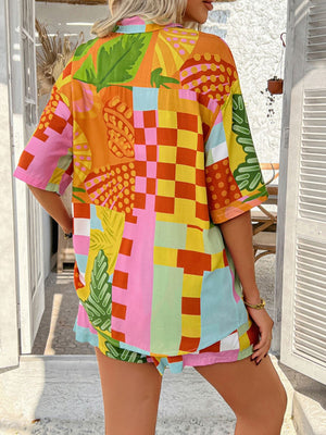 Patchwork print resort shirt and shorts set with colorful geometric and tropical patterns.