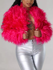 Faux Fur Open Front Cropped Outerwear in Red, view 13