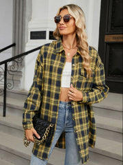 Oversized yellow and navy plaid shacket with button front and chest pockets.
