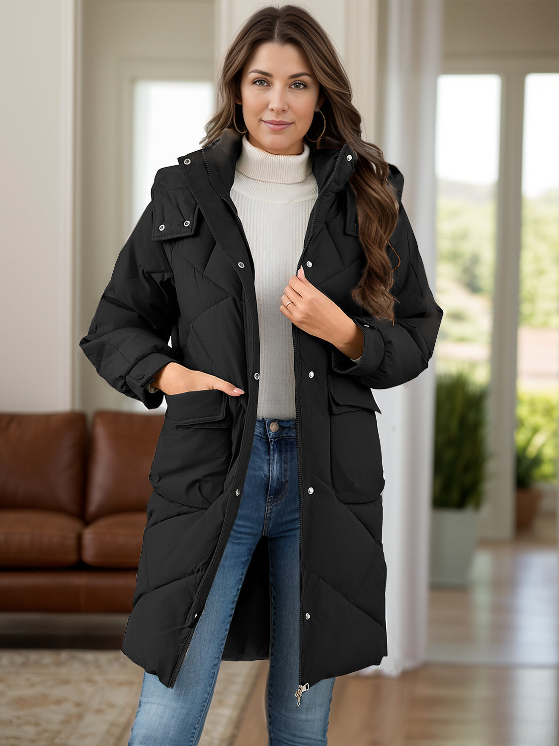 Black diamond quilted puffer coat with hood and pockets