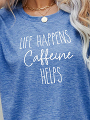 Cobalt blue slub knit tee with white "Caffeine Helps" graphic print.
