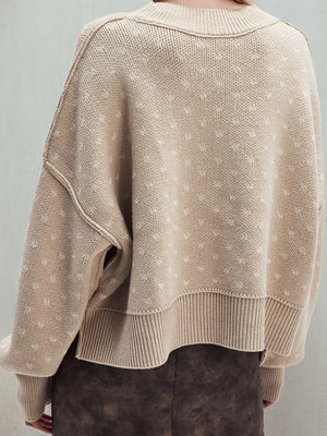 Dotted knit cropped crewneck sweater in Dust Storm, featuring a crew neckline and ribbed hem.