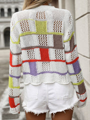 Patchwork openwork knit sweater with colorful blocks and open knit details.