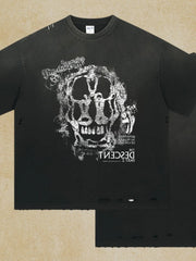 Black distressed graphic tee with skull print and distressed details