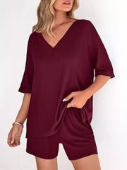 Solid Color V-neck And Shorts Set in Army Green, view 14