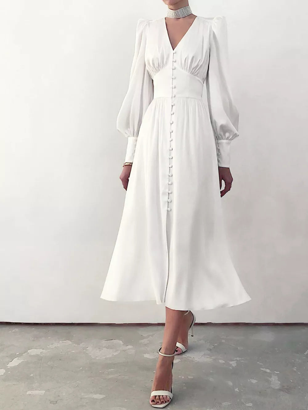 Elegant V-neck Puff Sleeve Button-down Midi Dress in White, front view