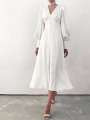 Elegant V-neck Puff Sleeve Button-down Midi Dress in White, front view