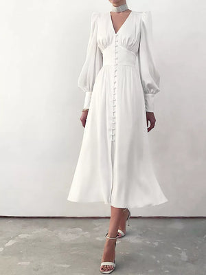 Elegant V-neck Puff Sleeve Button-down Midi Dress in White, front view