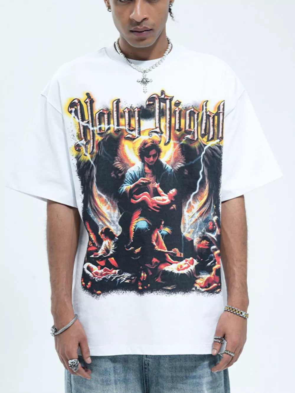 White cotton oversized t-shirt with Holy Night graphic print and crew neck.