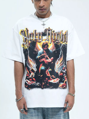 White cotton oversized t-shirt with Holy Night graphic print and crew neck.