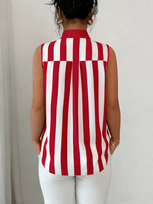 Sleeveless collared shirt in red and white stripes with a buttoned front and pleats.