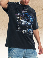 Black cotton graphic t-shirt with vintage Los Angeles car and neon sign print.