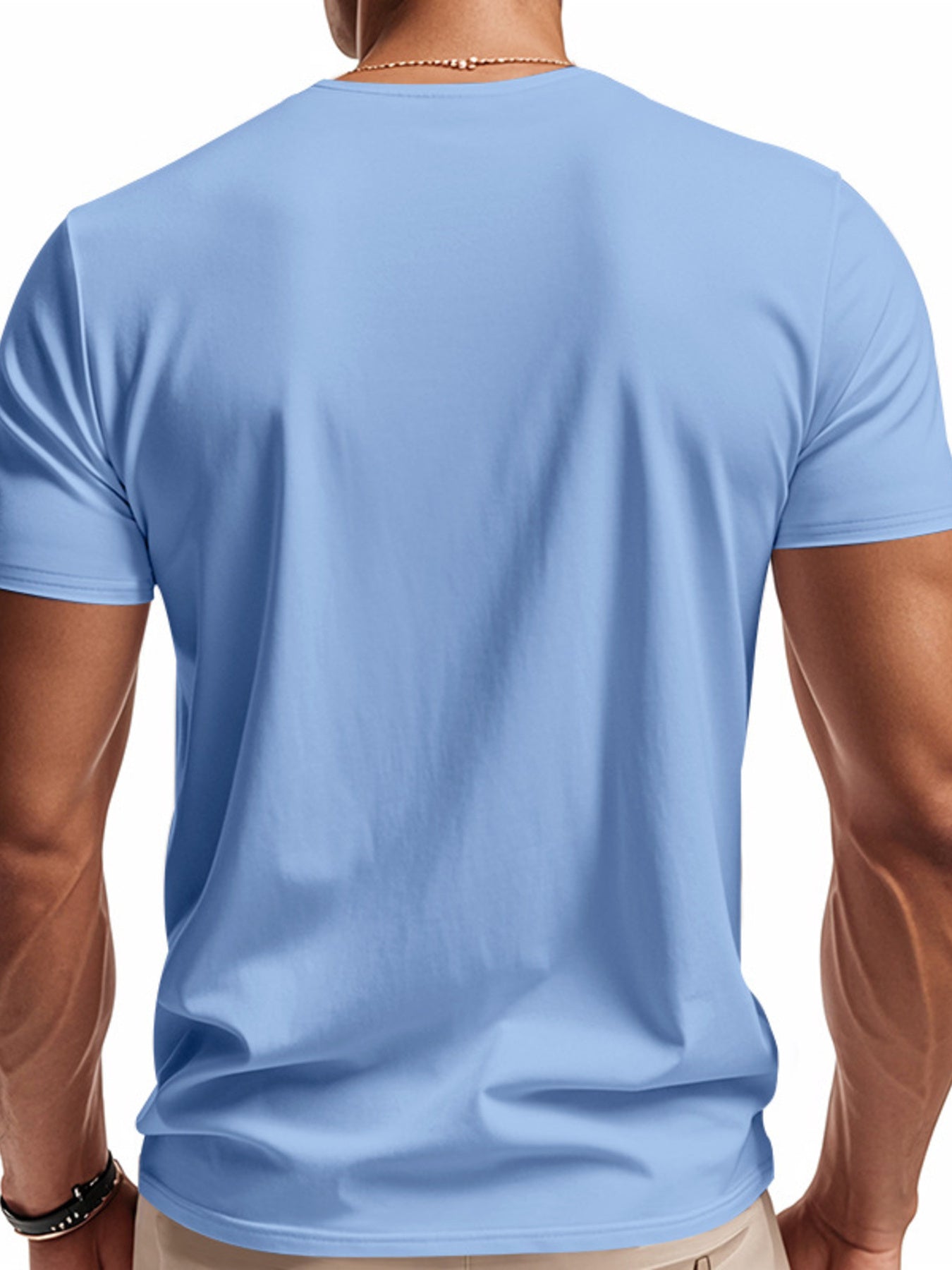 Men's light blue cotton t-shirt with short sleeves and a notched V-neck.