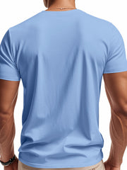 Men's light blue cotton t-shirt with short sleeves and a notched V-neck.