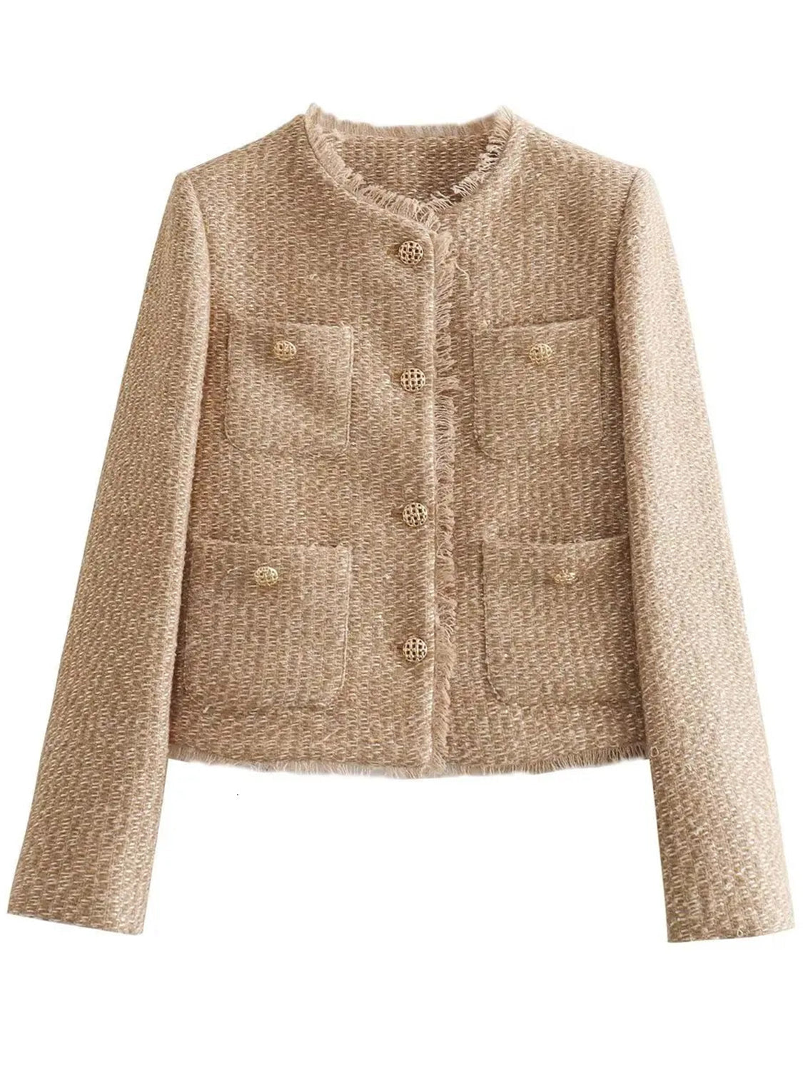 Textured bouclé cropped jacket in camel with fringe trim and gold buttons.