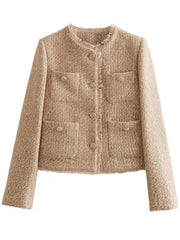 Textured bouclé cropped jacket in camel with fringe trim and gold buttons.