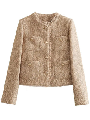 Textured bouclé cropped jacket in camel with fringe trim and gold buttons.