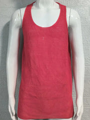 Open-knit scoop neck tank top in strawberry acrylic with a relaxed fit.