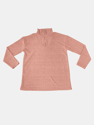 Ribbed knit quarter-zip pullover sweater in burnt coral with a stand-up collar.