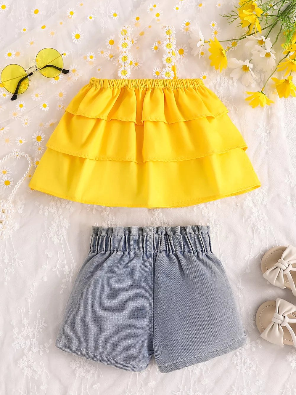 Children's Daisy Print Cami And Denim Shorts Set in Yellow, fabric detail