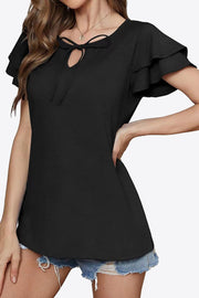 Black tiered sleeve blouse with keyhole neckline and tie detail