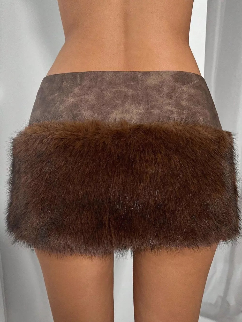 Faux Fur Trim Mini Skirt in Brown, close-up detail