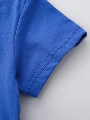 Blue cotton baby t-shirt sleeve detail with double stitching.