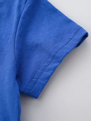Blue cotton baby t-shirt sleeve detail with double stitching.